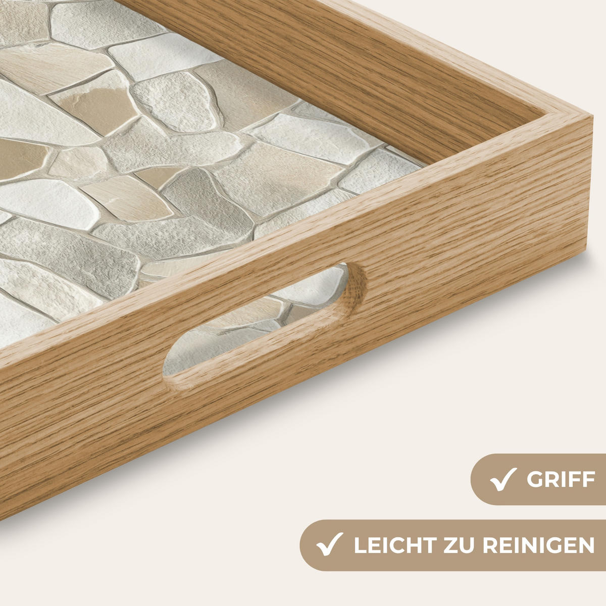 TABLETT - Mosaik - Steine - Beige - 50x35 cm - Beige, Holz (50/5/5cm) - OnlyWow