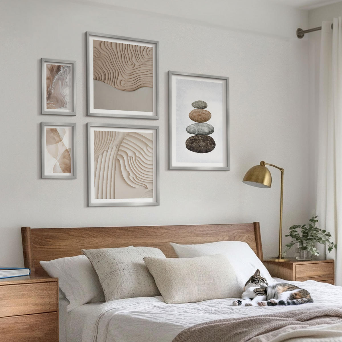 WANDBILDER 5er Set - 50x50 cm & 20x30 cm & 40x60 cm Silberner Rahmen - Abstrakte bemalte Strukturen - Silberfarben, Kunststoff (40/60cm) - ArtPrintCave