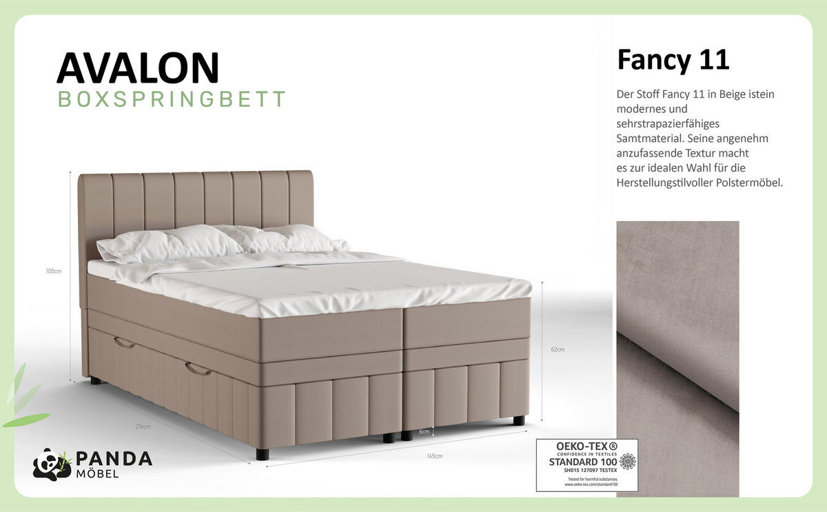 BOXBETT AVALON 140 x 200 cm mit Bettkasten und Topper - Beige - Beige, Holz - Panda Möbel