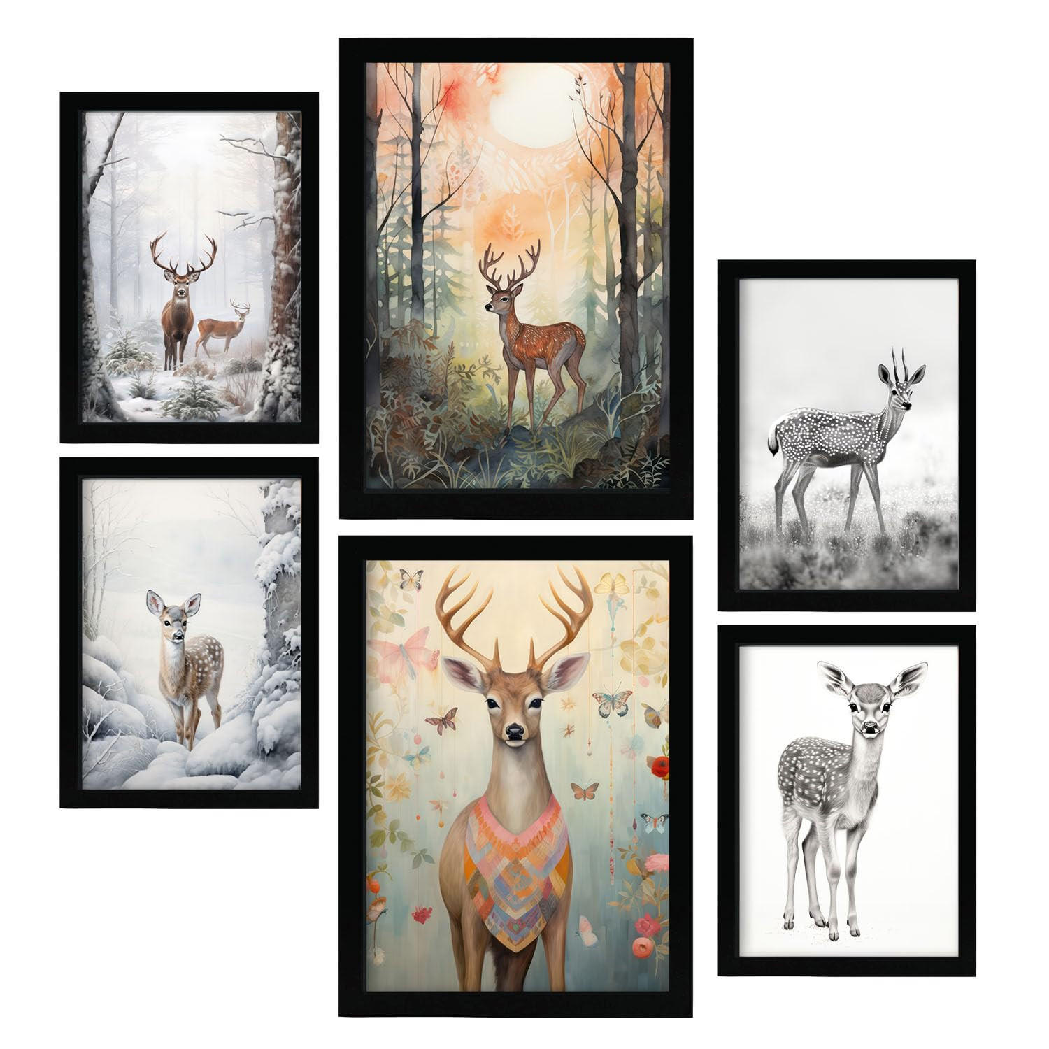 POSTER Set Mit 6 Hirsche A3 & A4 Schwarzer Rahmen - Schwarz, Papier (29/3cm) - Nacnic
