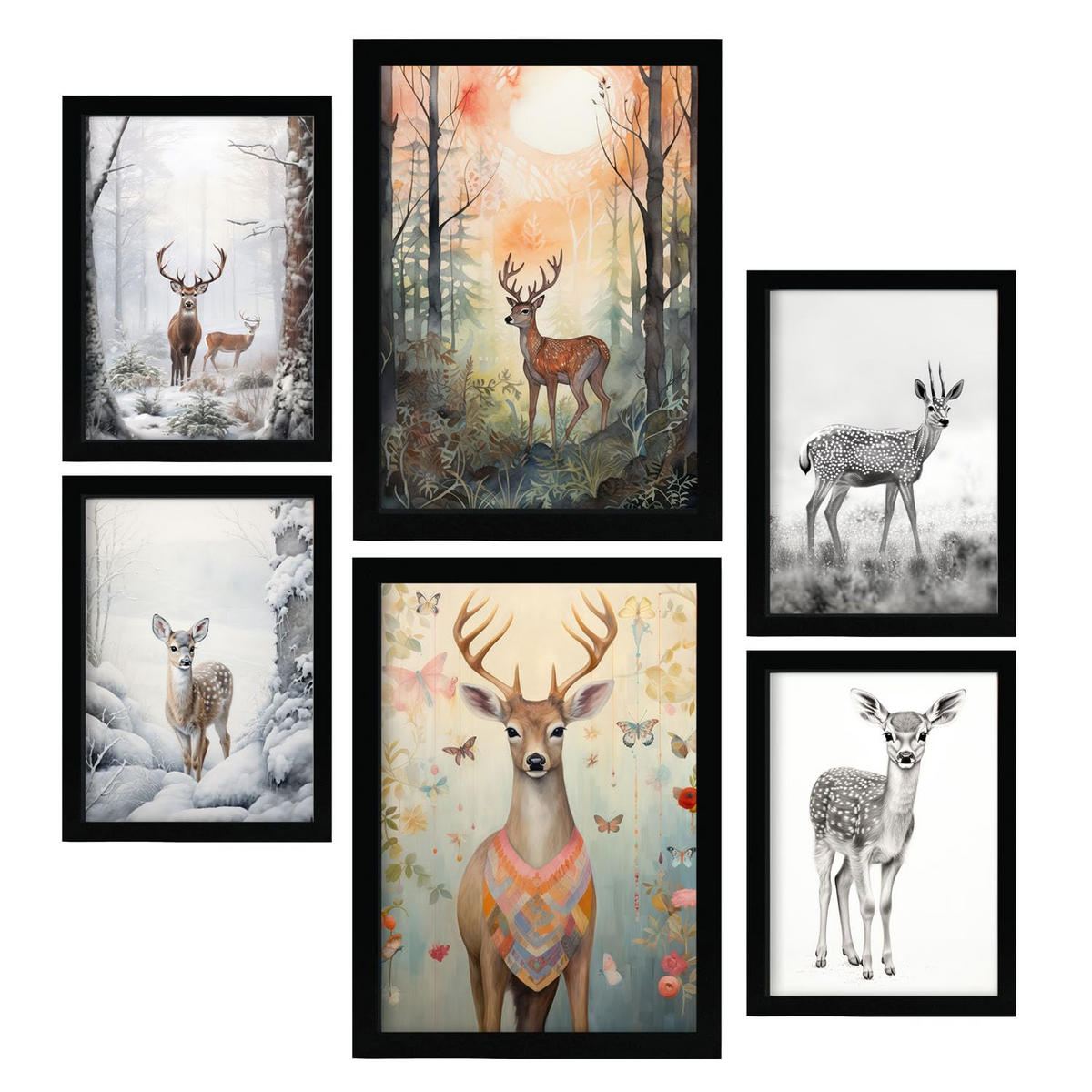POSTER Set Mit 6 Hirsche A3 & A4 Schwarzer Rahmen - Schwarz, Papier (29/3cm) - Nacnic
