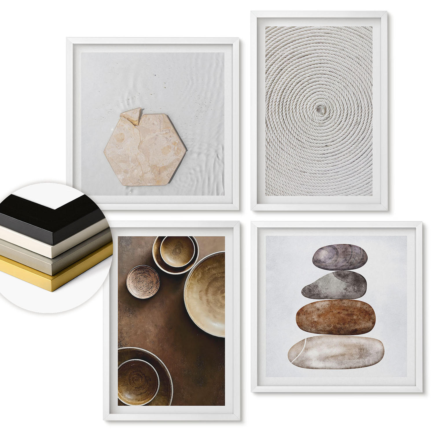 WANDBILDER 4er-Set - 50x50 cm & 40x60 cm Weißer Rahmen - Texturen in der modernen Kunst - Weiß, Kunststoff (50/50cm) - ArtPrintCave