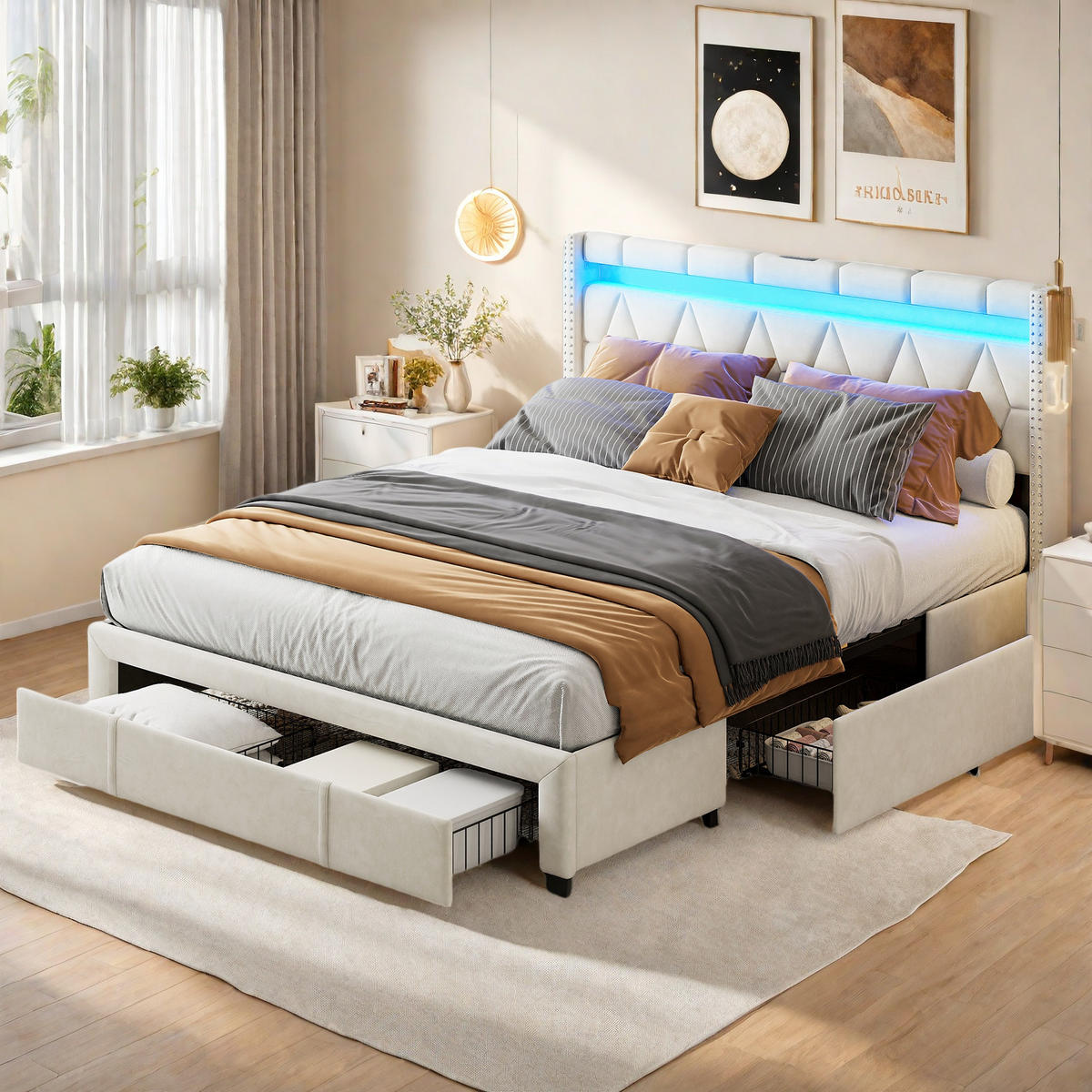 KLÄDD säng 160x200 cm beige tyg LED USB 4 lådor - Beige, Trä (160/200cm) - SHOPENTRA
