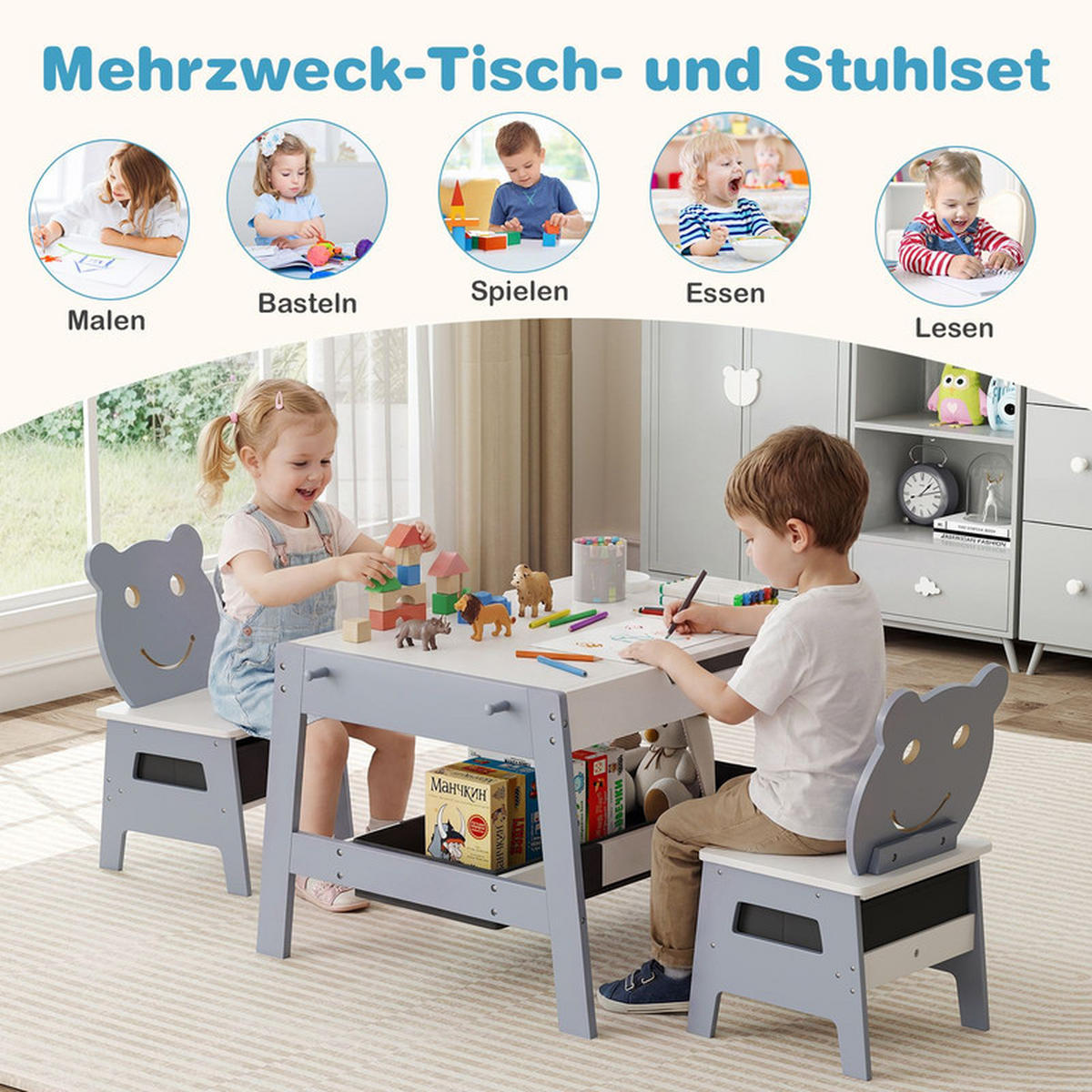 KINDERTISCH mit stuhl grau(3-tlg) - Grau, Holzwerkstoff (70/45/60.5cm) - COSTWAY
