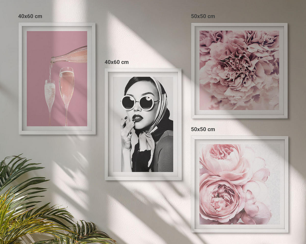 BILDER SET 4er Set - 50x50 cm & 40x60 cm Weißer Rahmen - Blumen, Pfingstrosen, Rosen, Eleganz - Weiß, Kunststoff (50/50cm) - TULUP