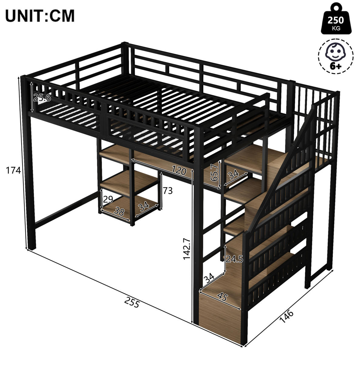 HOCHBETT 140/200 cm Schwarz aus Metall mit Schreibtisch - Schwarz, Metall (140/200cm) - OKMYHOME