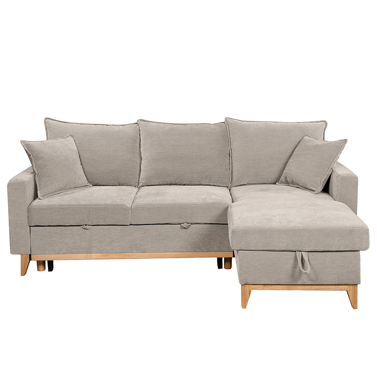 ECKSOFA mit Schlaffunktion - Flachgewebe - Hellbraun/Grau, Holz/Textil (214/145cm) - home24