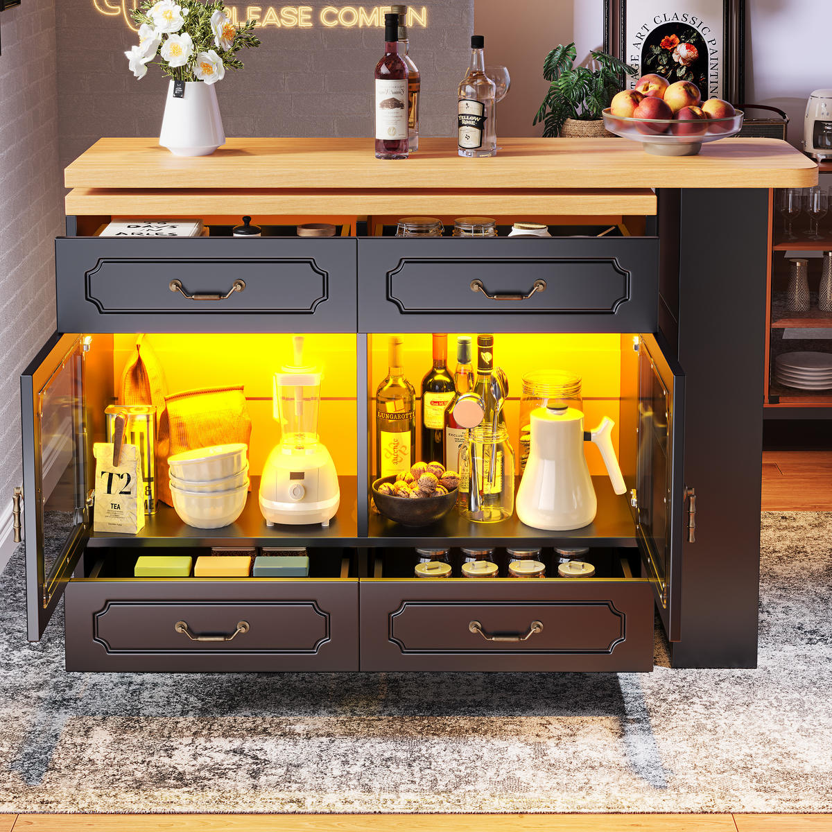 ESSZIMMERSCHRANK aus MDF 135-203x39x92,8cm in Schwarz mit LED - Schwarz, Holzwerkstoff (39/92.8/203cm) - Modfu