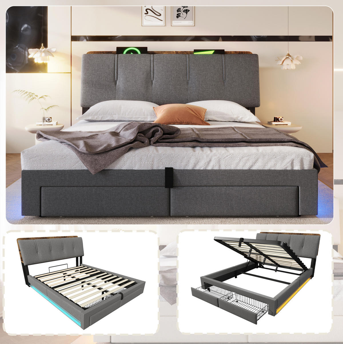 POLSTERBETT 140/200 cm mit LED, USB-C, Bettkasten und Schubladen, Leinen, Grau - Grau, Textil (140/200cm) - Redom