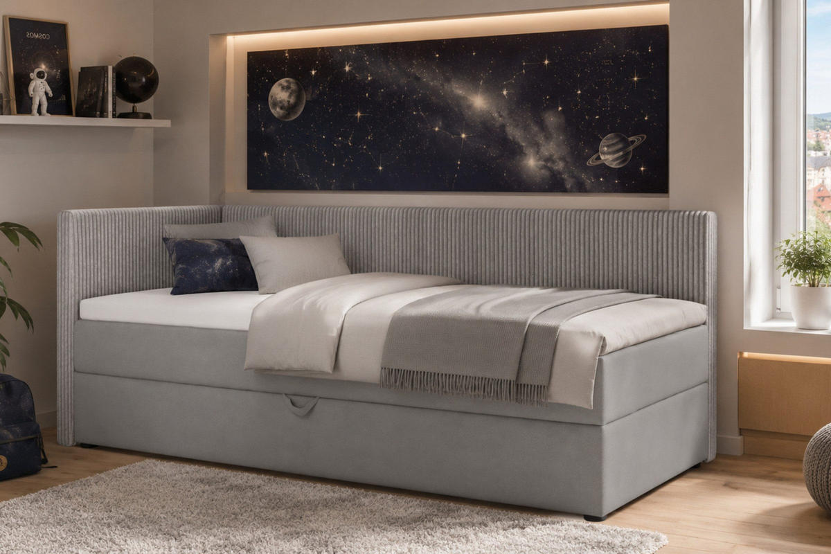 BOXBETT RICO 90/200 in Cord/Velours Hellgrau H3 rechts - Hellgrau, Holz/Holzwerkstoff (90/200cm) - Deine Möbel 24