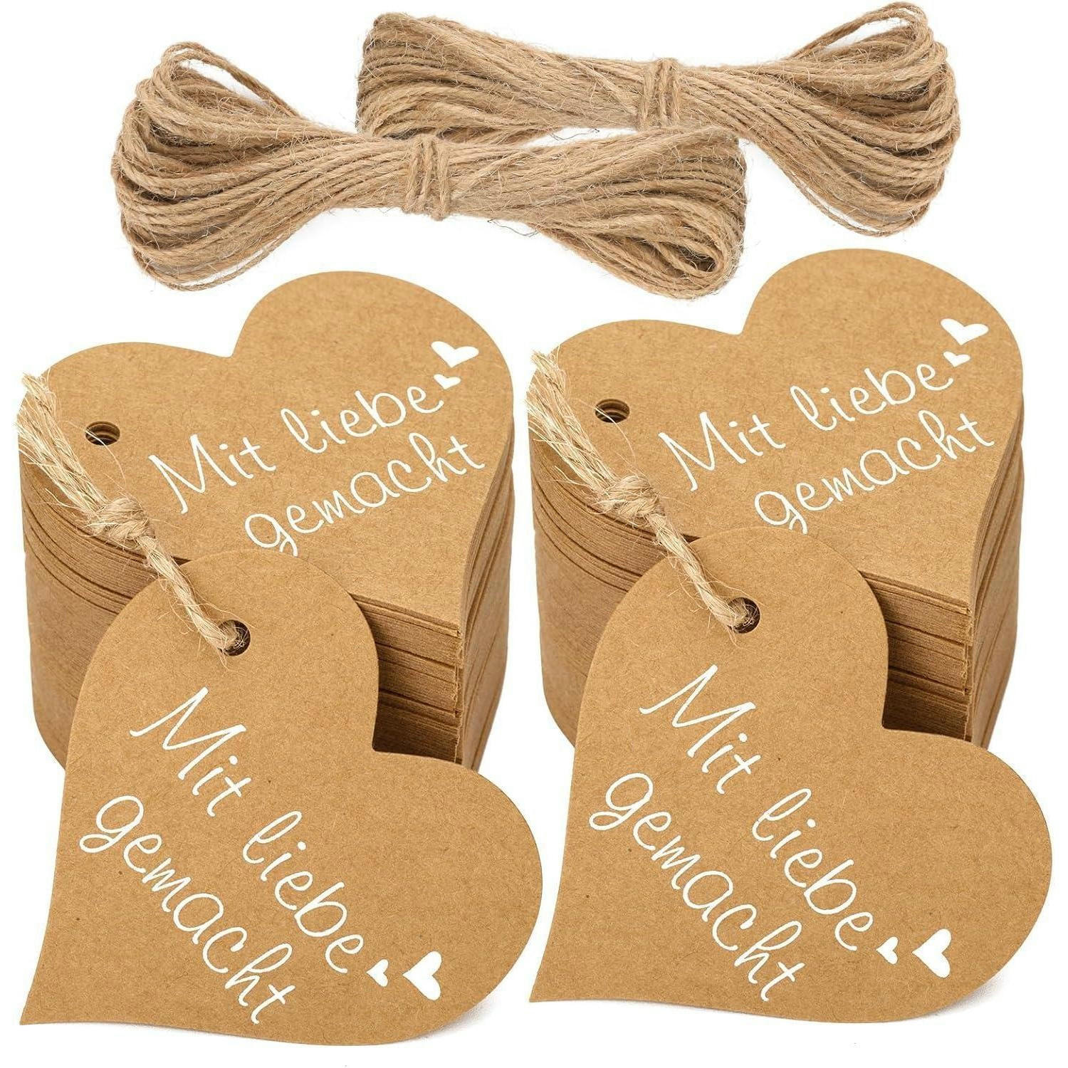 GESCHENKANHÄNGER Herz 100 Stück mit Juteschnur 6 cm - Braun, Papier (6/1/6cm)