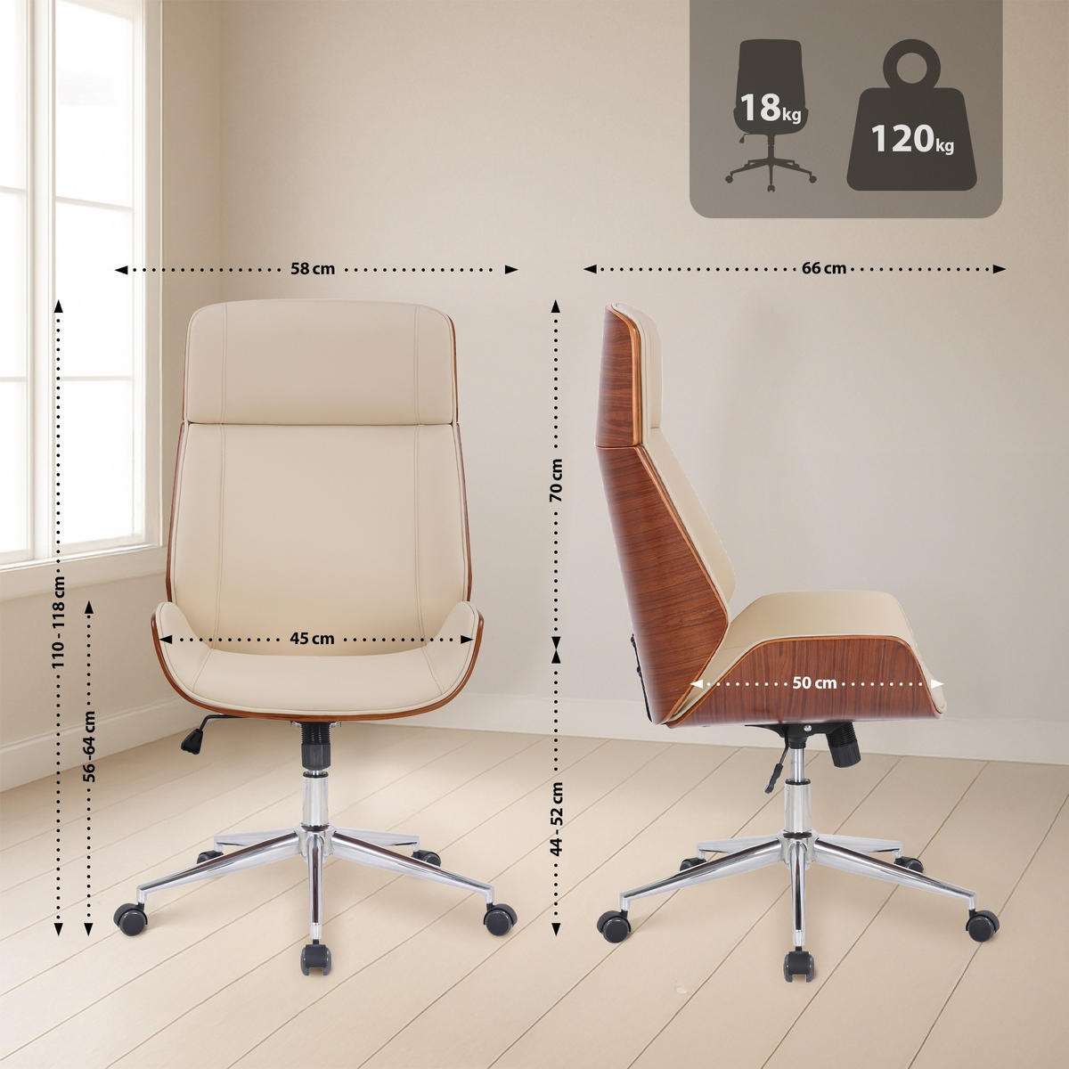 DREHSTUHL Lederlook Walnuss/Creme - Chromfarben/Walnussfarben, Textil/Metall (58/110/66cm) - CLP