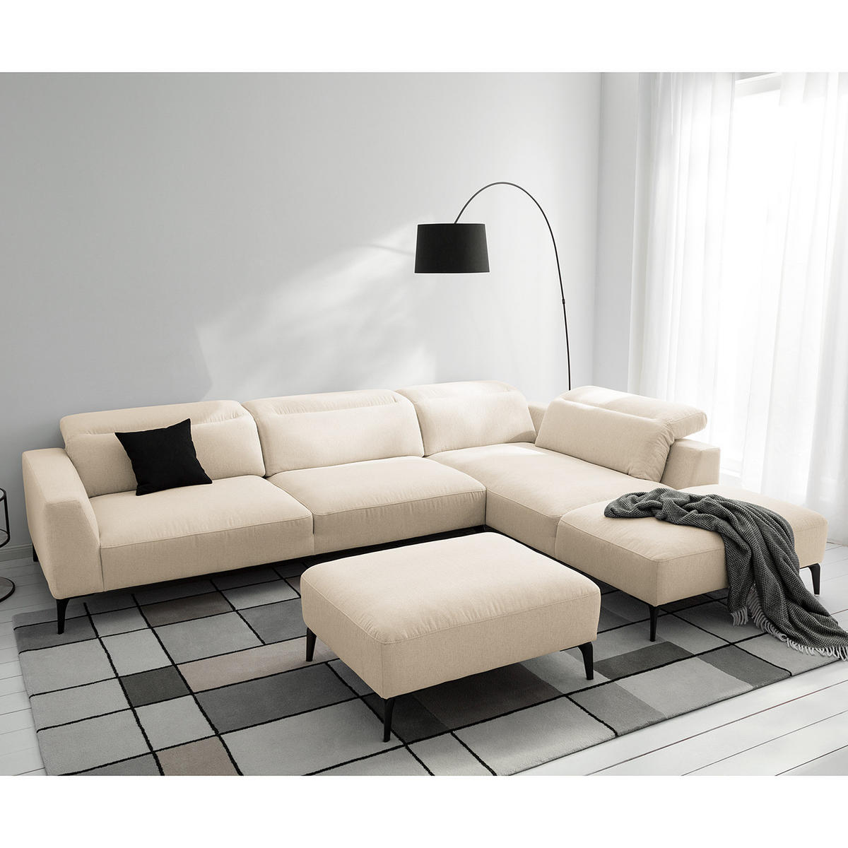 ECKSOFA mit Ottomane - Beige/Schwarz, Textil/Metall (325/238cm) - home24