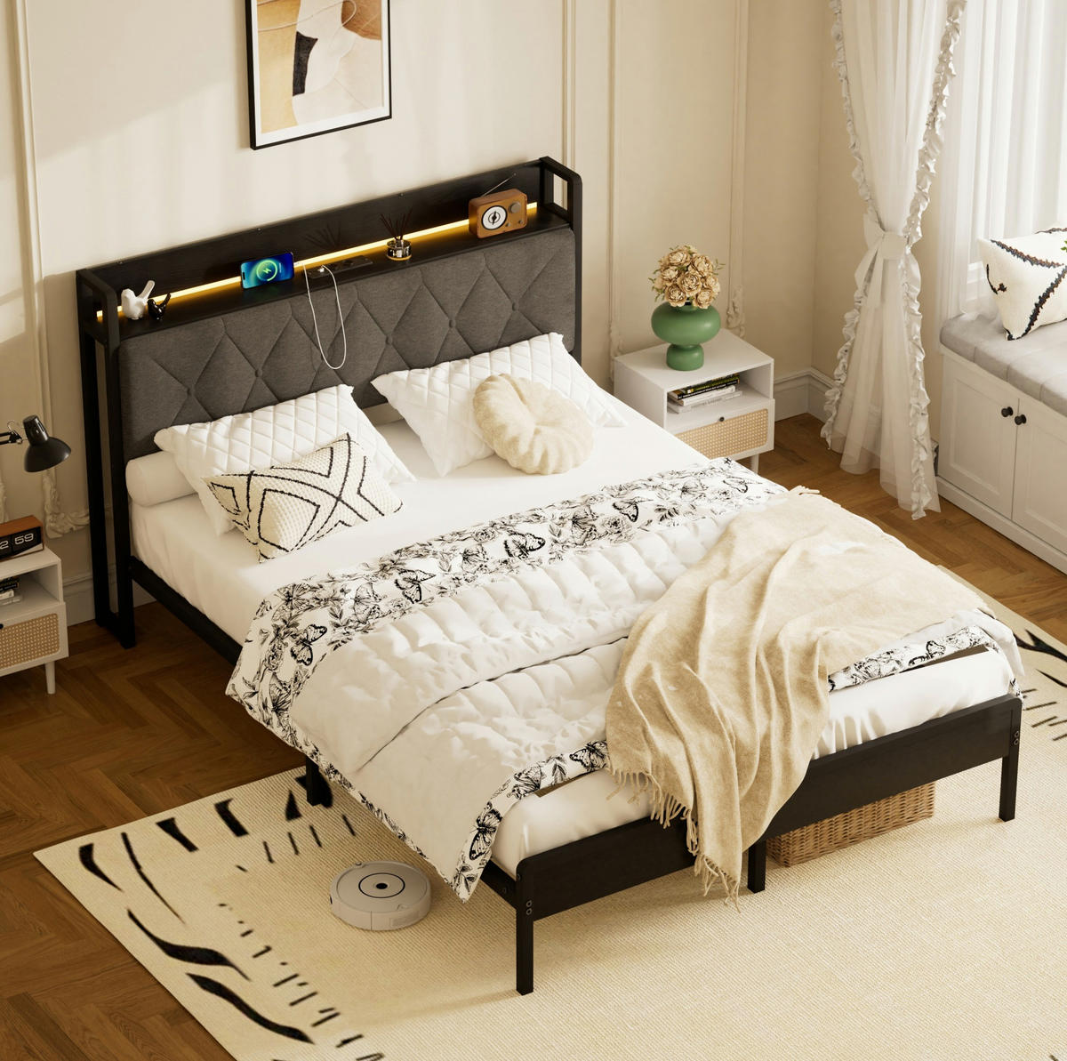 POLSTERBETT 140x190 cm in Schwarzgrau mit LED-Beleuchtung, USB-Anschluss und Stauraum - Schwarz, Textil (140/190cm) - IVMEU