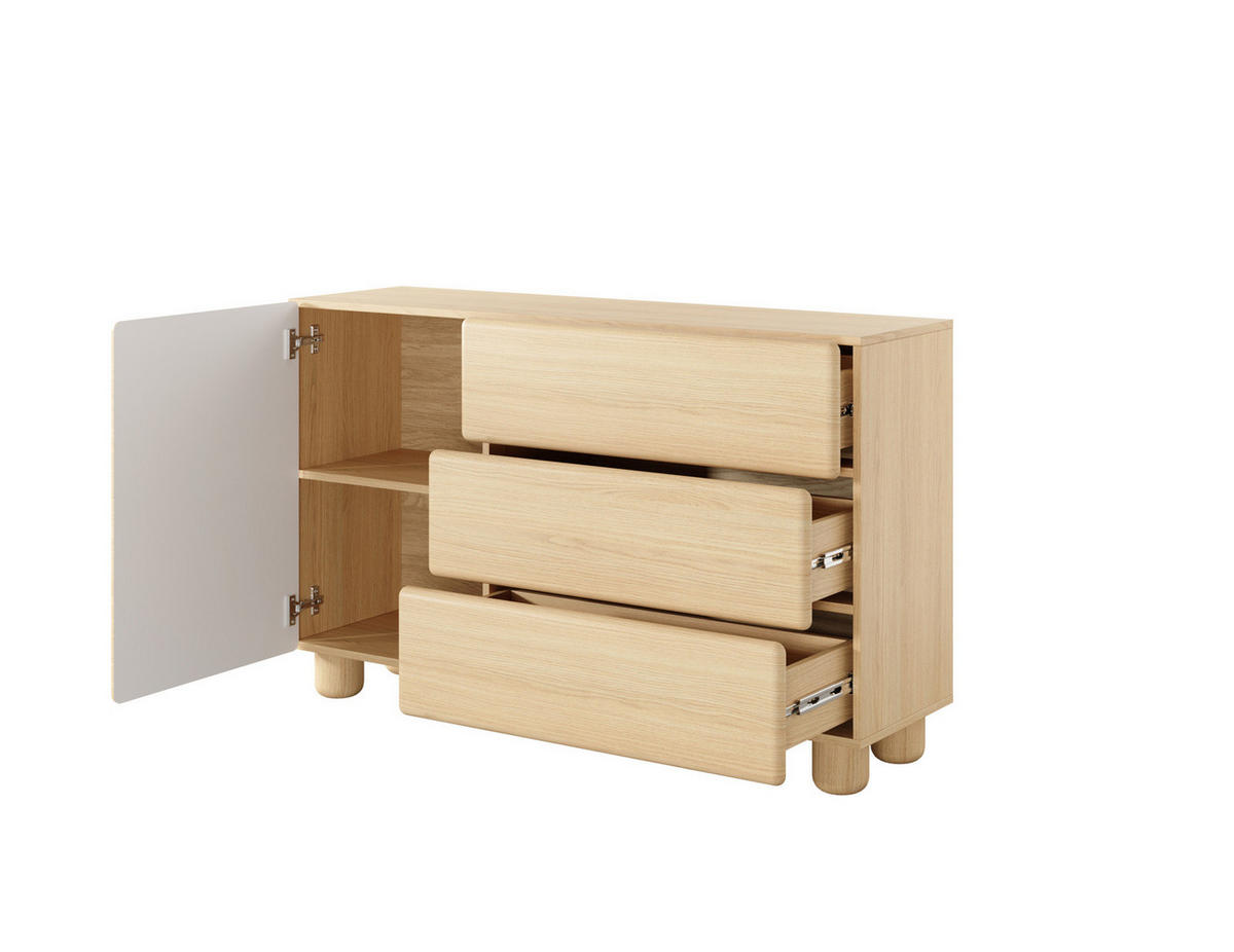 SIDEBOARD CERVI E 130 cm Eiche Vicenza - mit 1 Tür, 3 Schubladen und abgerundeten Fronten - Eichefarben, Holz/Holzwerkstoff (130/80/38cm) - Ravio