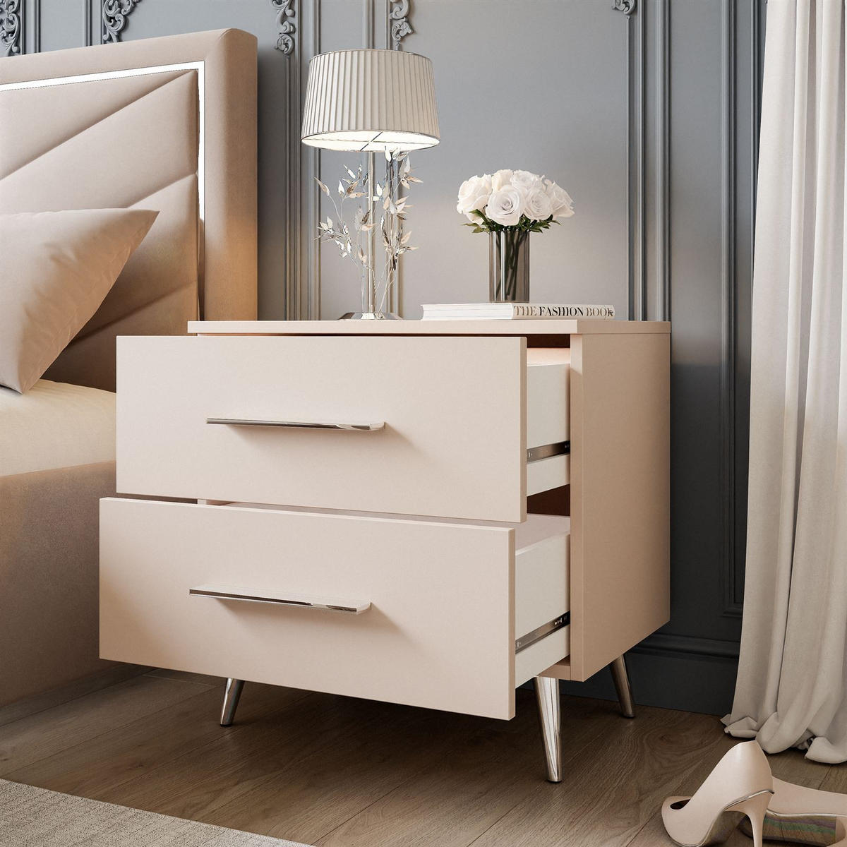 NACHTTISCH AURA KASCHMIR mit silbernen Beinen und Griffen - Kaschmir, Holzwerkstoff (55/55/37cm) - Lookway