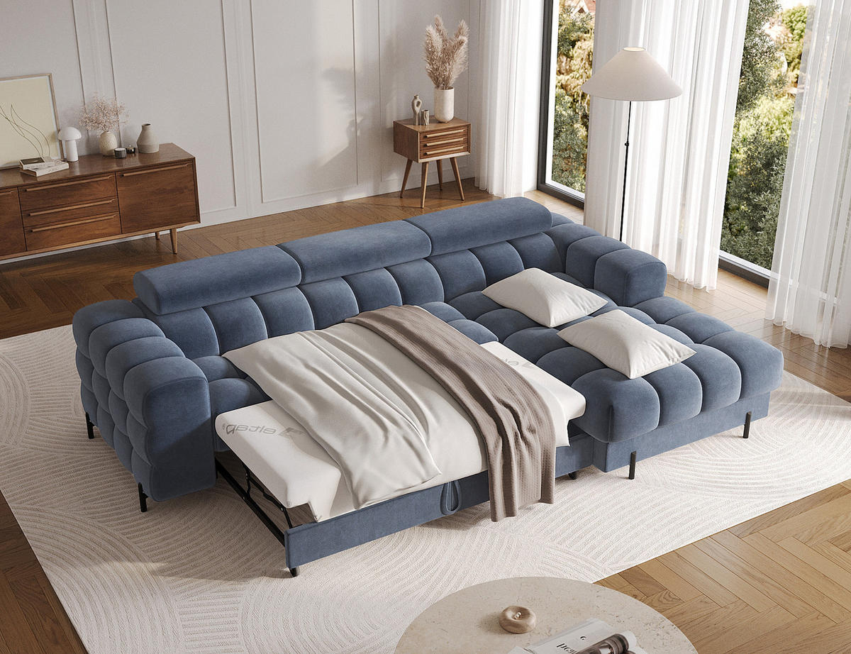 ECKSOFA FELRO mit Schlaffunktion, Bettkasten & verstellbaren Kopfstützen – Modernes Premium-Ecksofa in L-Form - Blau, Kunststoff (181/285cm) - Wohnideebilder