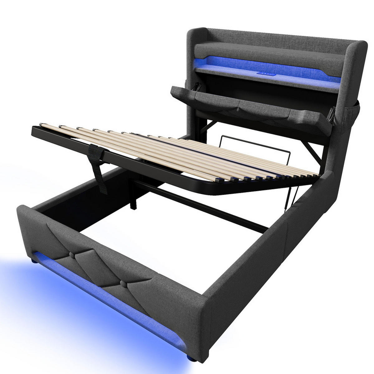 POLSTERBETT 90x200cm Einzelbett mit USB-C & 360° LED Beleuchtung Grau - Grau, Holz (90/200cm) - FLIEKS