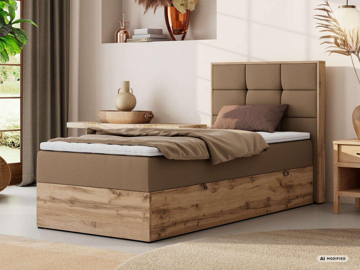 BOXBETT ALBERO 1 90/200 - Braun Kunstleder - Topper T25 - H4 - Rechts - Schwarz/Braun, Kunststoff/Textil (90/200cm) - MKS