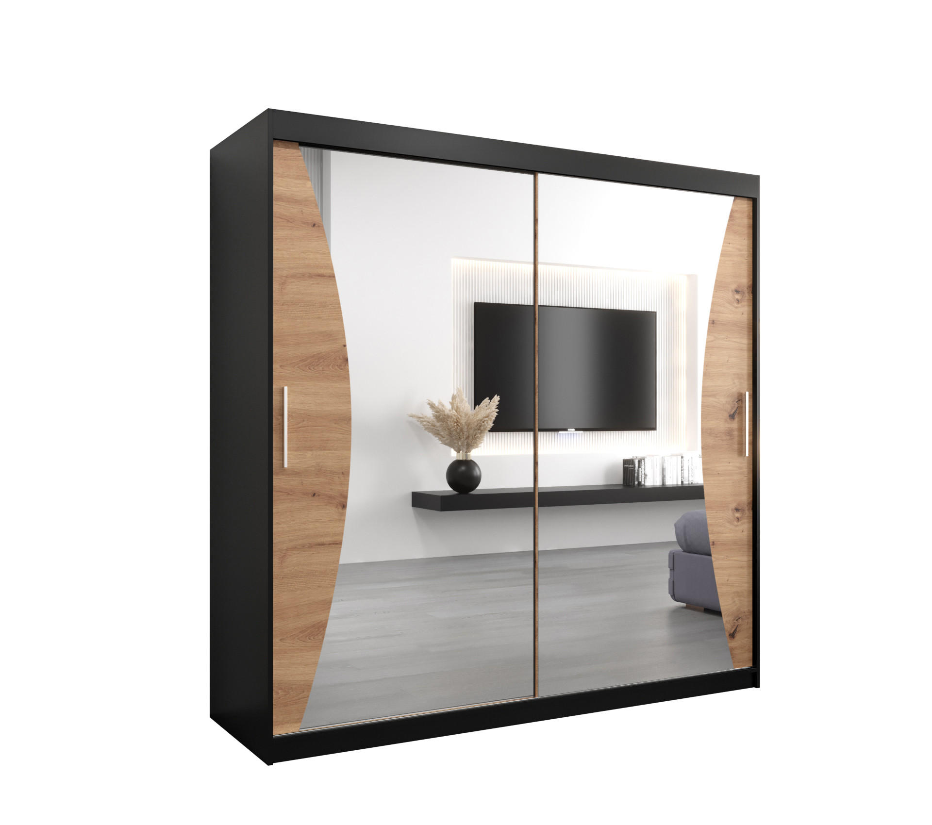 Abiks Möbel Schwebetürenschrank Schwarz, Eiche Artisan 200x200x62 cm
