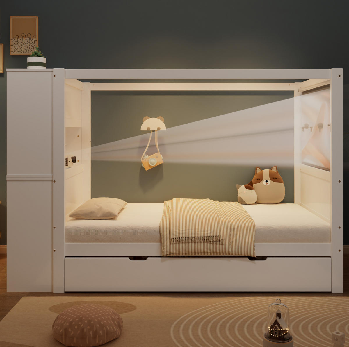 KINDERBETT 90/200 cm in Weiß mit Fallschutz, Stauraum und Himmelstange - Weiß, Holzwerkstoff (90/200cm) - BEAOK