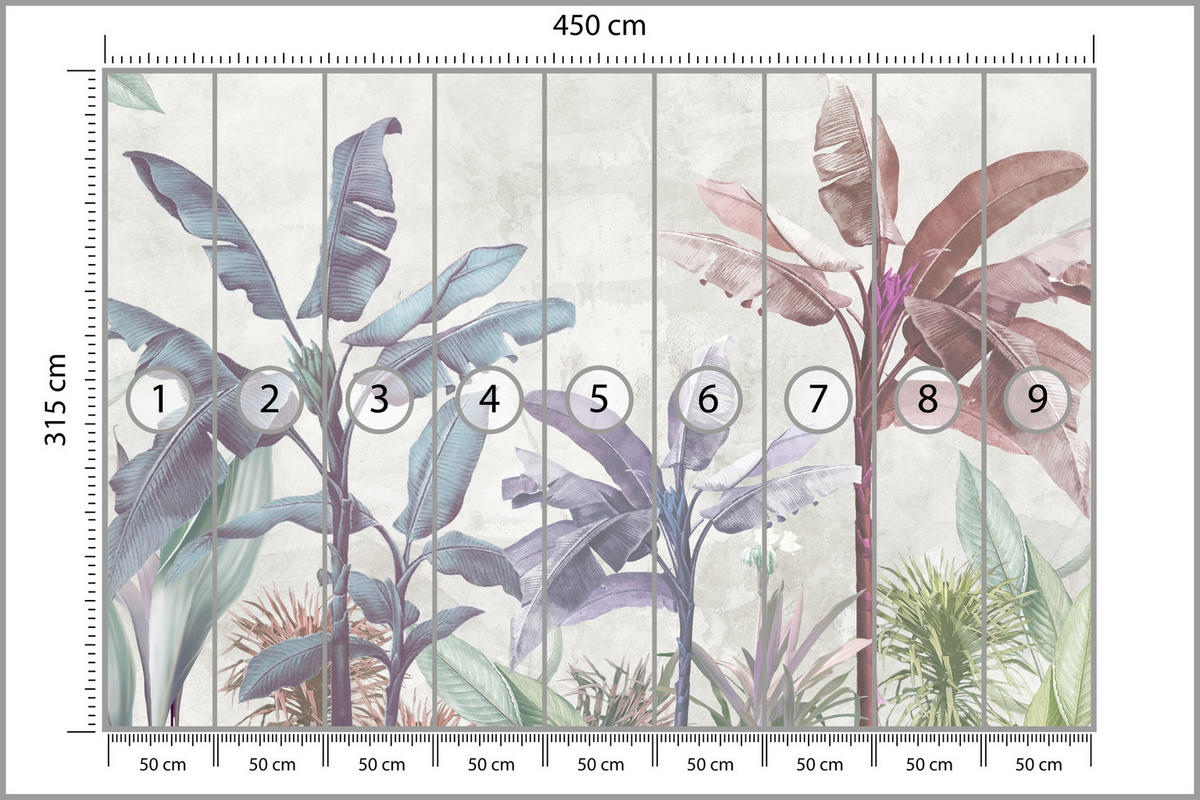 FOTOTAPETE für Schlafzimmer Bunte Bananenblätter Tropen Bäume 450x315 - Beige/Rot, Papier (450/315cm) - Muralo