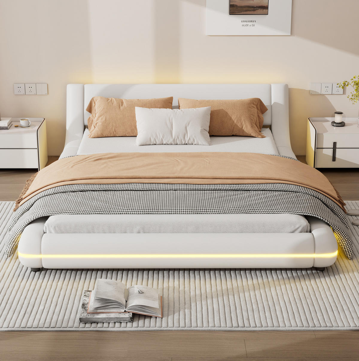 BODENBETT aus PU 140x200 cm Weiß mit LED-Umgebungsbeleuchtung und pflegeleichter Oberfläche - Weiß, Leder (90/200cm) - Modfu
