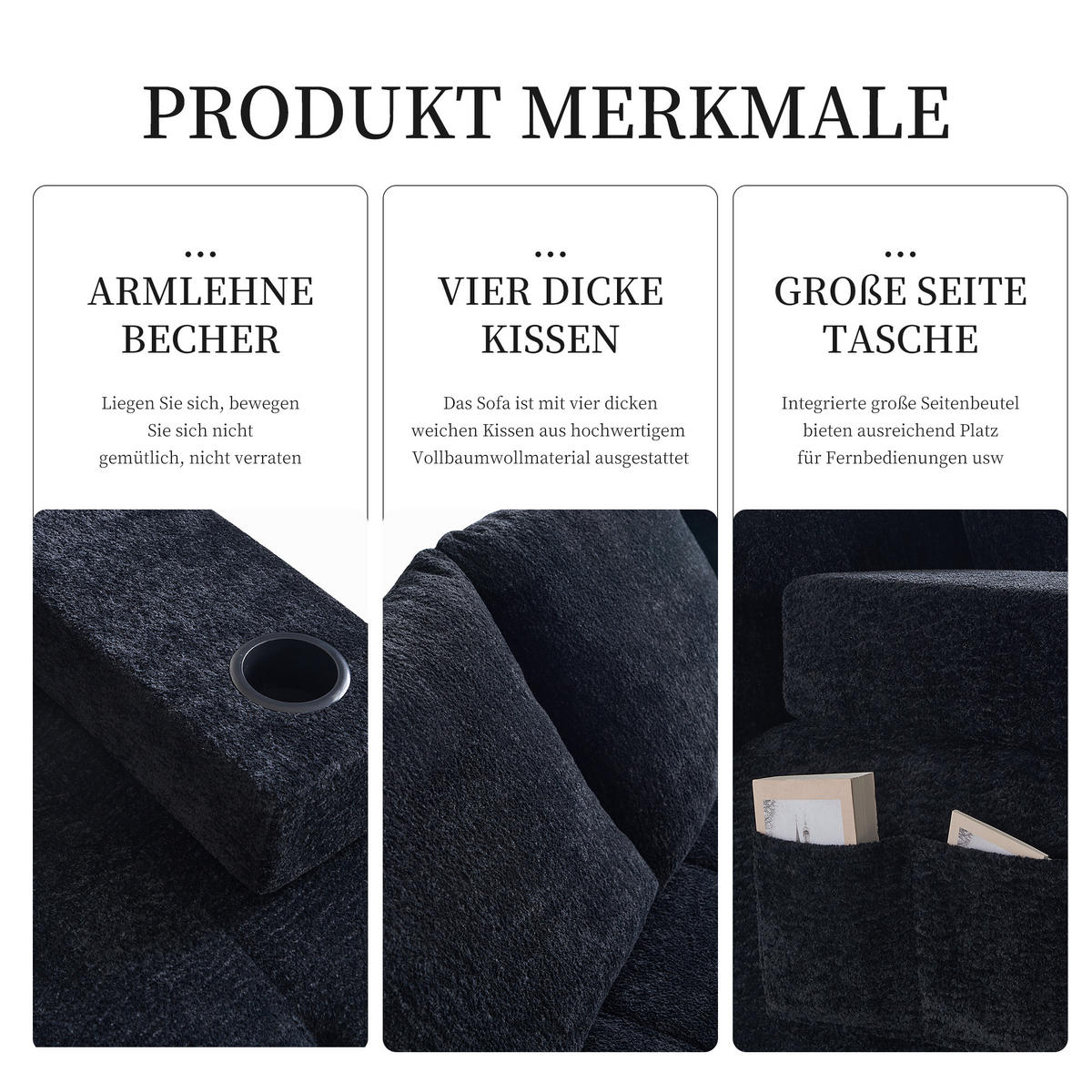 ECKSOFA Chenille Schwarz mit Becherhaltern und Seitenfach - Schwarz, Textil (260/168cm) - WISHDOR