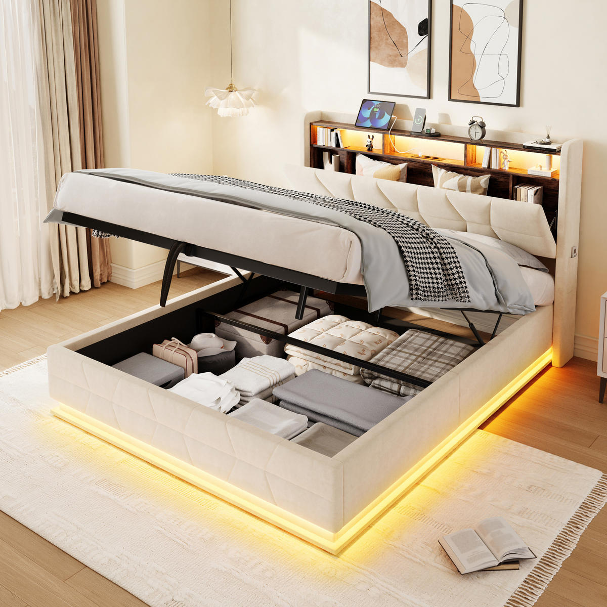 POLSTERBETT aus Velours 160 x 200 cm in Beige mit LED-Beleuchtung & USB/Type-C - Beige, Textil (160/200cm) - Modfu