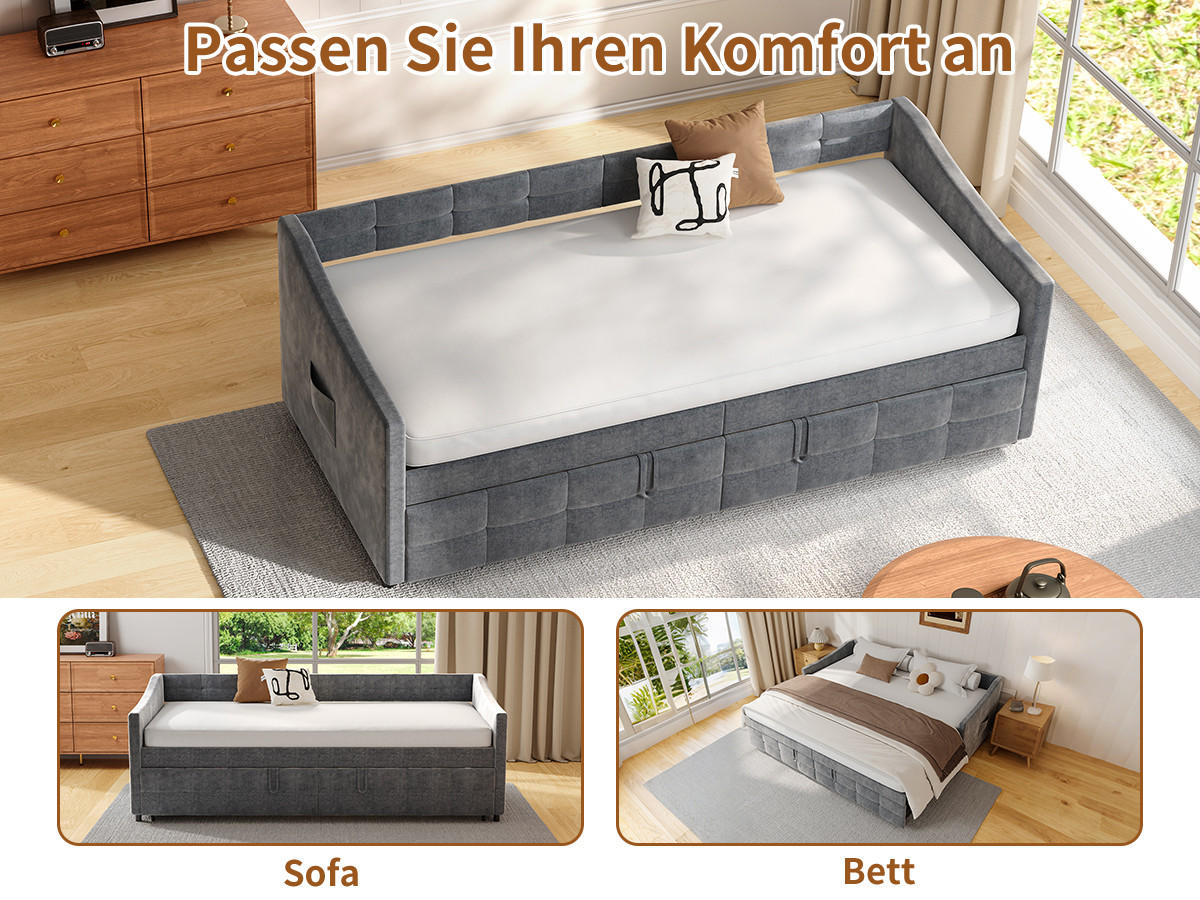 SCHLAFSOFA 90x200cm grau samt hydraulik seittaschen - Grau, Holzwerkstoff (90/200cm) - SHOPENTRA