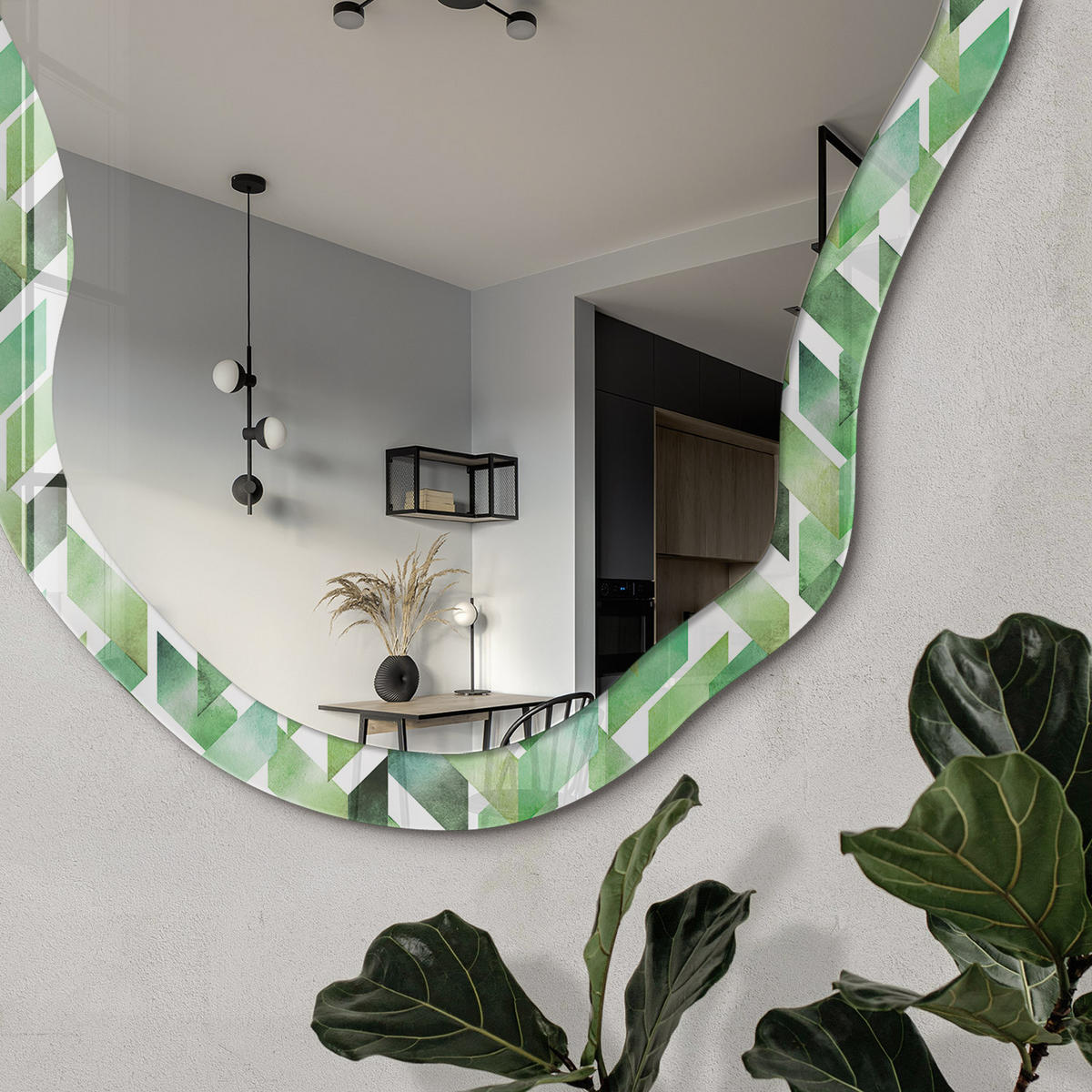 SPIEGEL 90x45 cm asymmetrisch mit Druck - Grüne Geometrie - Transparent, Glas (45/90/0.4cm) - TULUP