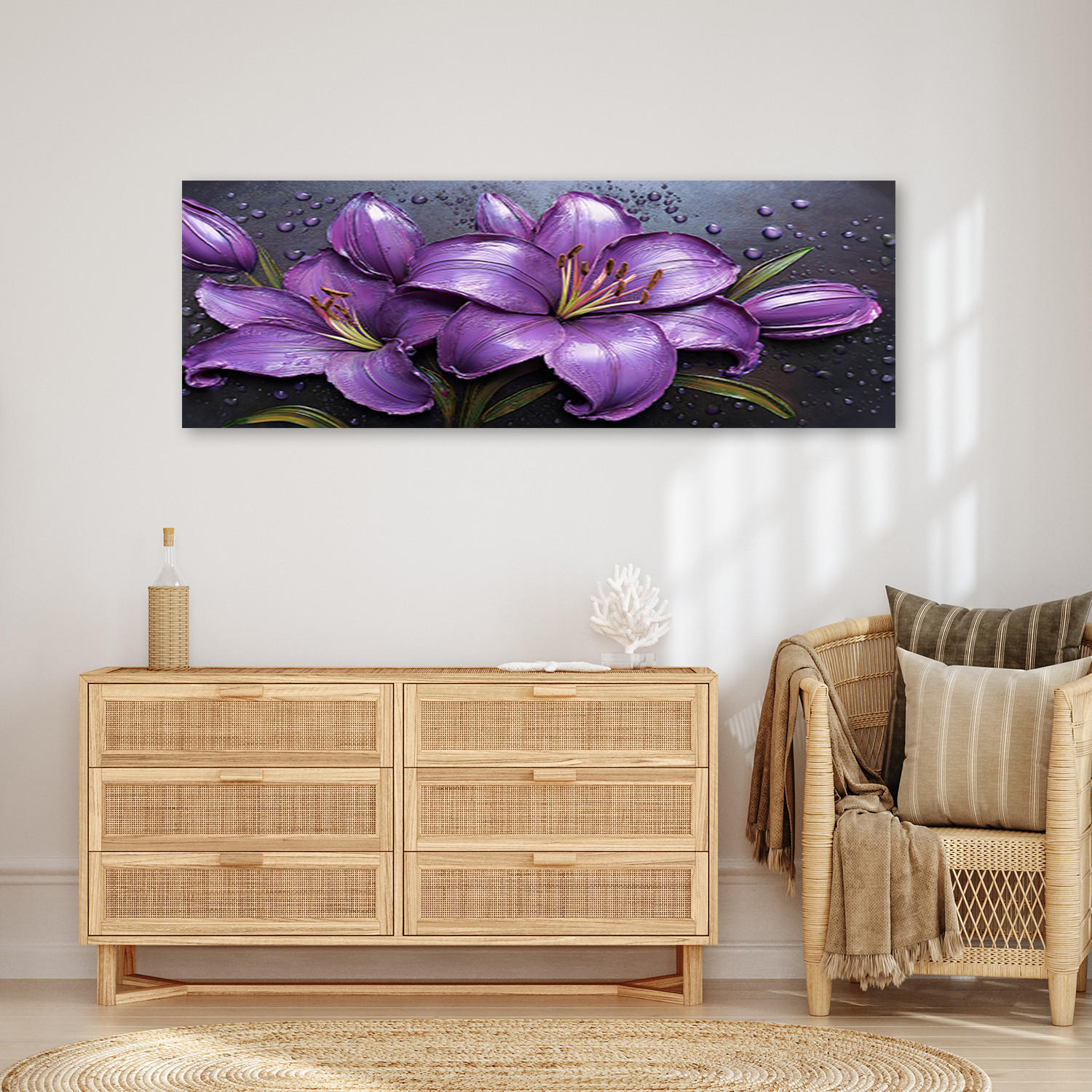 WANDBILD lila lilien blumen tautropfen - Lila, Textil (90/30cm) - Feeby