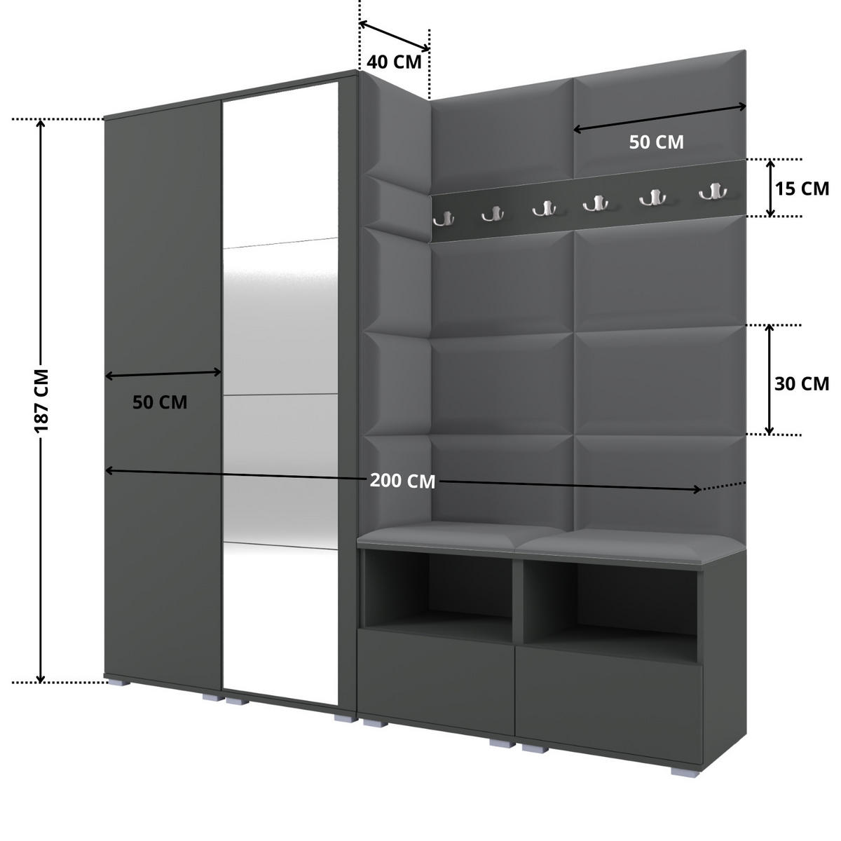 GARDEROBE NELA VI 200 cm (Modulare Flurmöbel Graphit mit Spiegel & Sitzpolster Dunkelgrau 15 Universell) - Dunkelgrau/Silberfarben, Holz/Holzwerkstoff (200/187/40cm) - Ravio