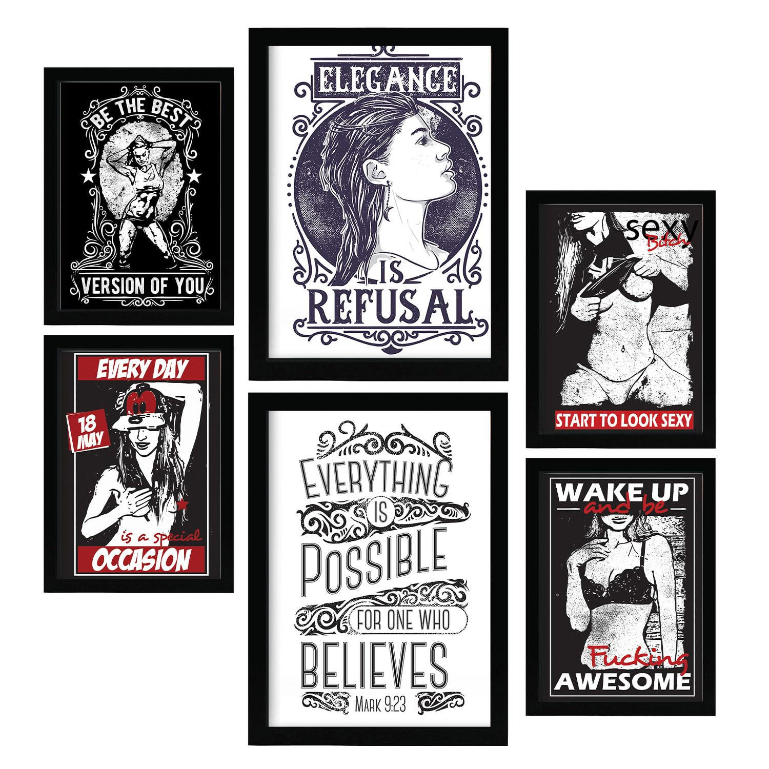 POSTER Set Mit 6 Frau In Rustikale Zitate A3 & A4 Schwarzer Rahmen - Schwarz, Papier (29/3cm) - Nacnic