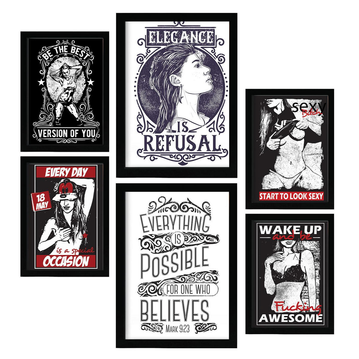 POSTER Set Mit 6 Frau In Rustikale Zitate A3 & A4 Schwarzer Rahmen - Schwarz, Papier (29/3cm) - Nacnic