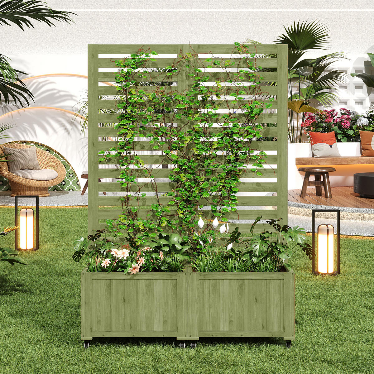 PFLANZKÜBEL Massives Tannenholz Grün mit Spalier - Grün, Holz (32/32/102.5cm) - ComfortXL