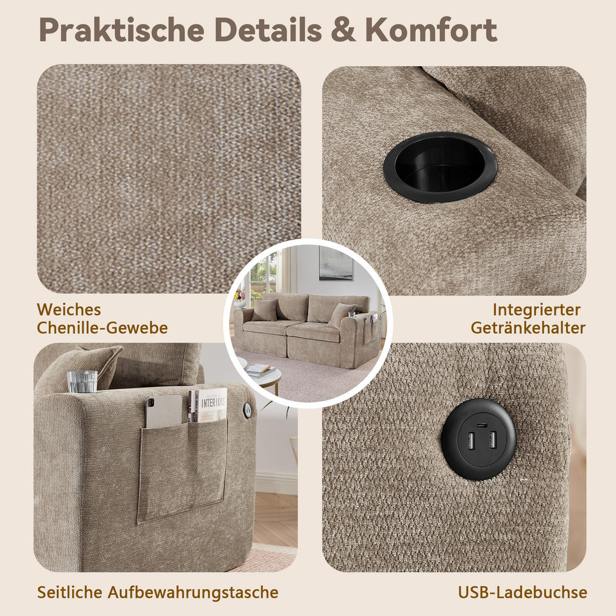 2-SITZER SOFA Chenille Braun mit USB, Getränkehalter, Tasche und Kissen - Braun, Textil (220/89/100cm) - WISHDOR