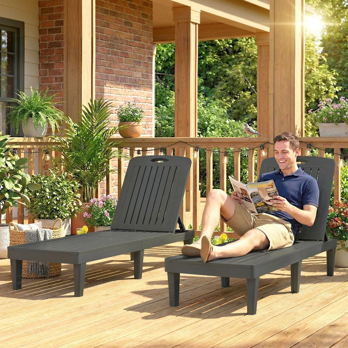 SONNENLIEGE DE-15692 2er-Set mit Seitentisch Grau - Grau, Kunststoff (57/28.5/192cm) - ComfortXL