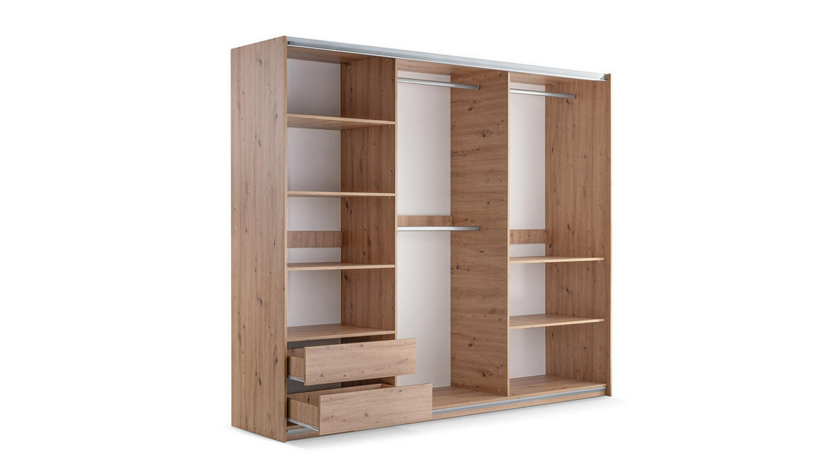 SCHWEBETÜRENSCHRANK ATROX 250/215/65 cm 2-türig mit Spiegel Weiß - Eiche Wotan/Weiß, Holzwerkstoff (250/215/65cm) - MASSENO