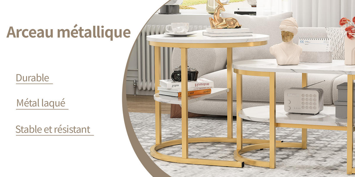 COUCHTISCH oval rund weiß marmoroptik goldgestell elegant - Multicolor, Metall (80/46/41cm) - SHOPENTRA