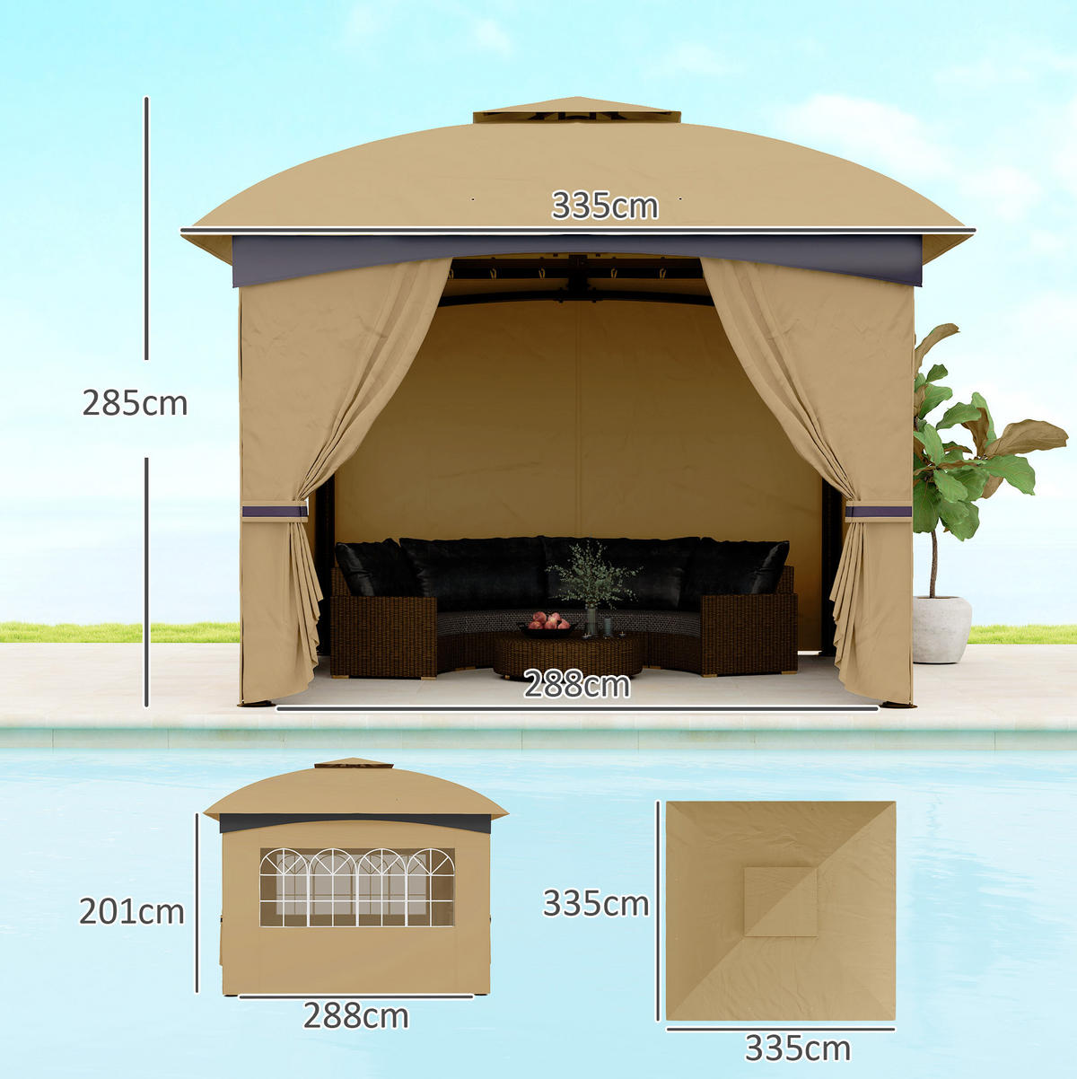 PAVILLONS aus Polyester 335x335x285 cm in Beige mit UV20+ Schutz - Beige, Textil (335/285/335cm) - Modfu