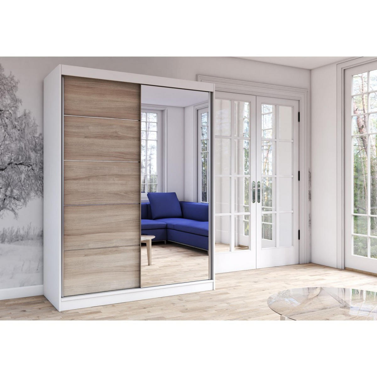 SCHIEBETÜRENSCHRANK - Beni 05 Classic (Weiß + Sonoma) - Weiß/Sonoma Eiche, Holzwerkstoff/Metall (150/200/61cm) - Möblo