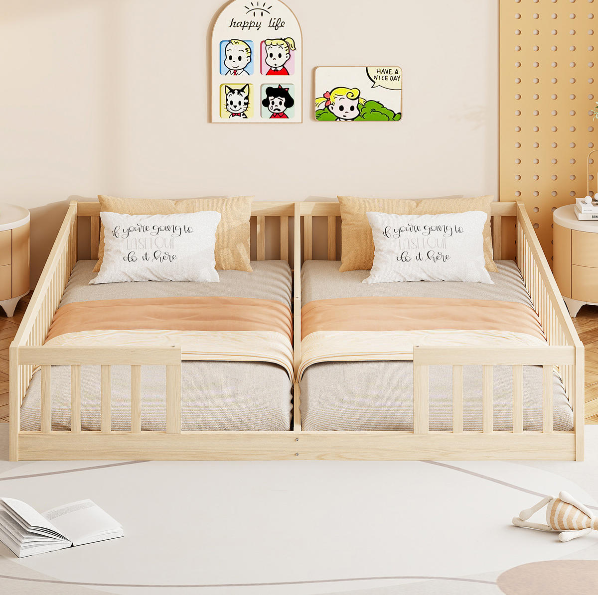 KINDERBETT aus Kiefer und MDF 90x200 cm Natur mit Lattenrost, Sicherheitsgitter und Platz für 2 Kinder - Naturfarben, Holzwerkstoff (90/200cm) - Modfu