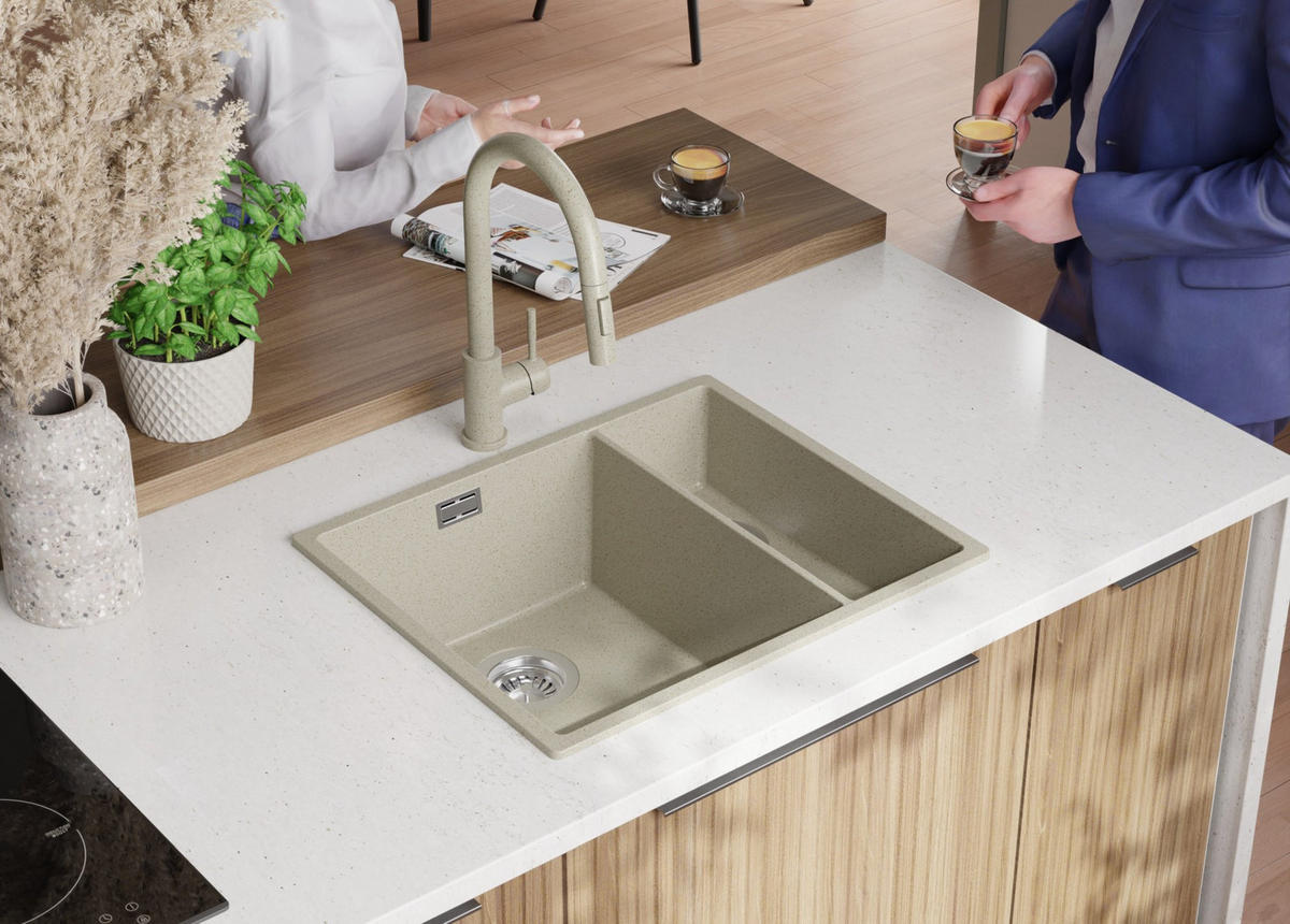 GRANITSPÜLE London Slim Duo, 2-er set Beige 56/47 cm 1,5 Becken + Küchenarmatur 40/20 cm + Ablauf-Set ab 60er Unterschrank - Chromfarben/Beige, Kunststoff (56/20/47cm) - Primagran