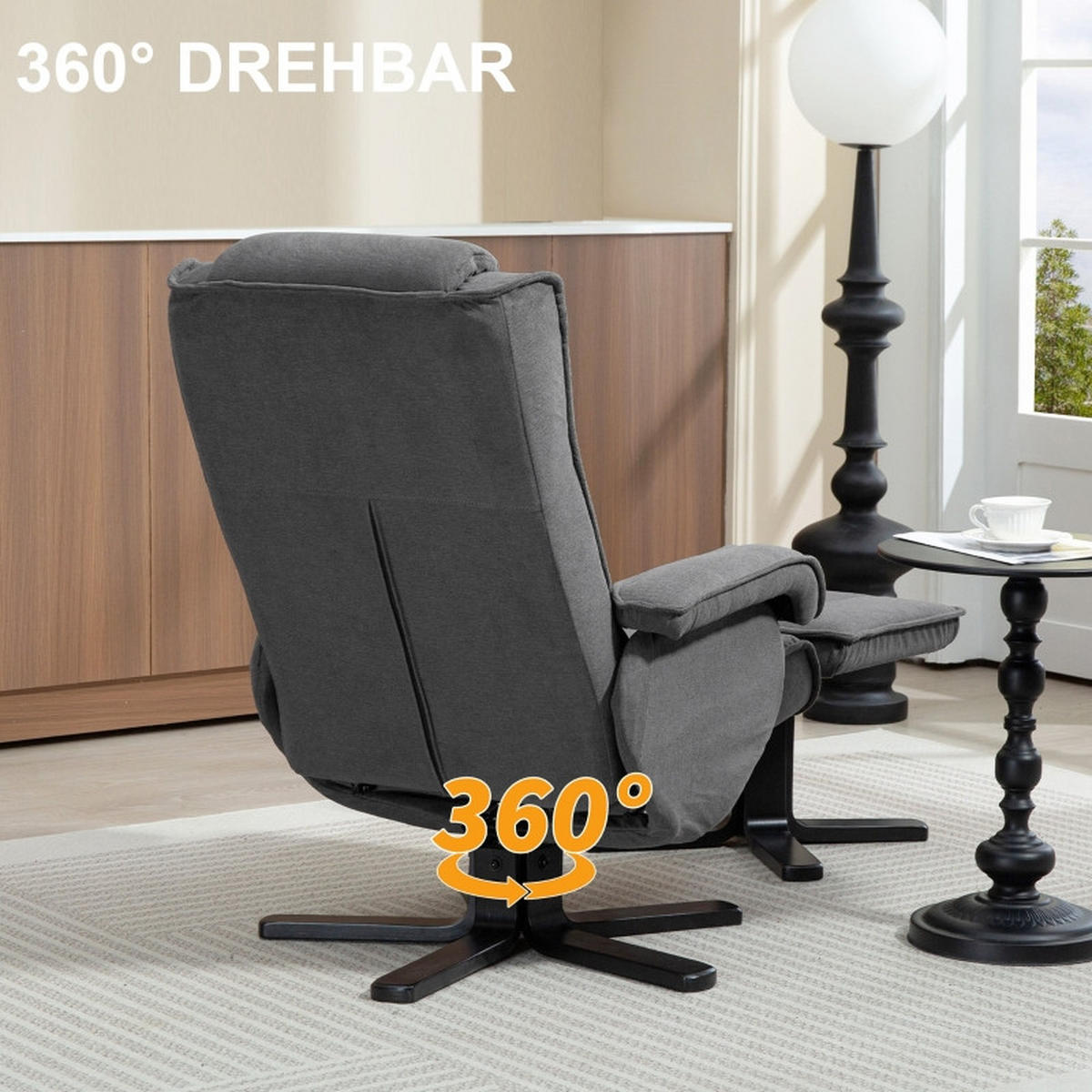 RELAXSESSEL Polyester mit Hocker 360° drehbar, 135° verstellbar 67/87/96 cm Dunkelgrau - Dunkelgrau, Textil (67/96/87cm) - Redom