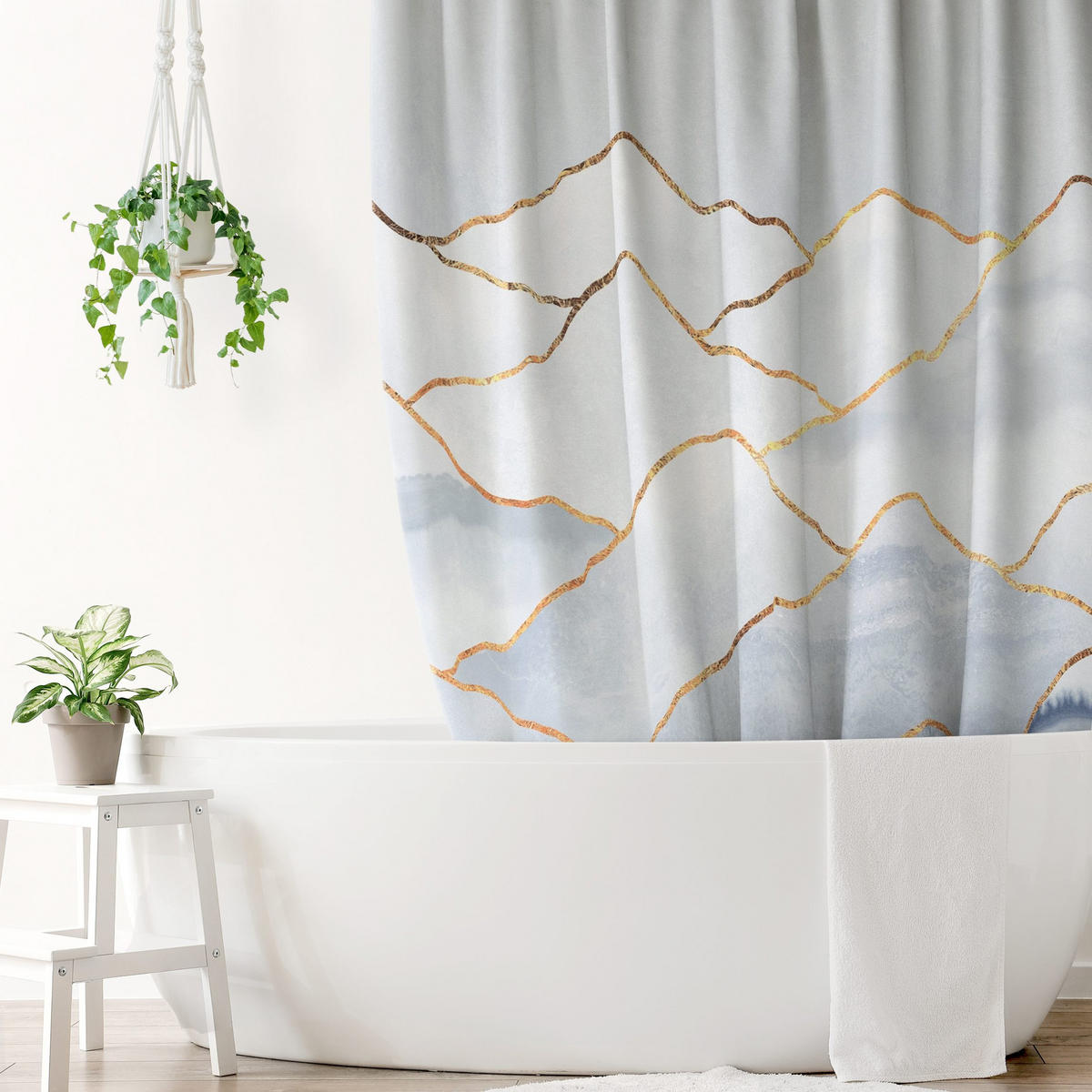 DUSCHVORHANG Aquarell Berge Weiß Gold 180/180 cm - Weiß, Textil (180/180cm) - Bilderwelten