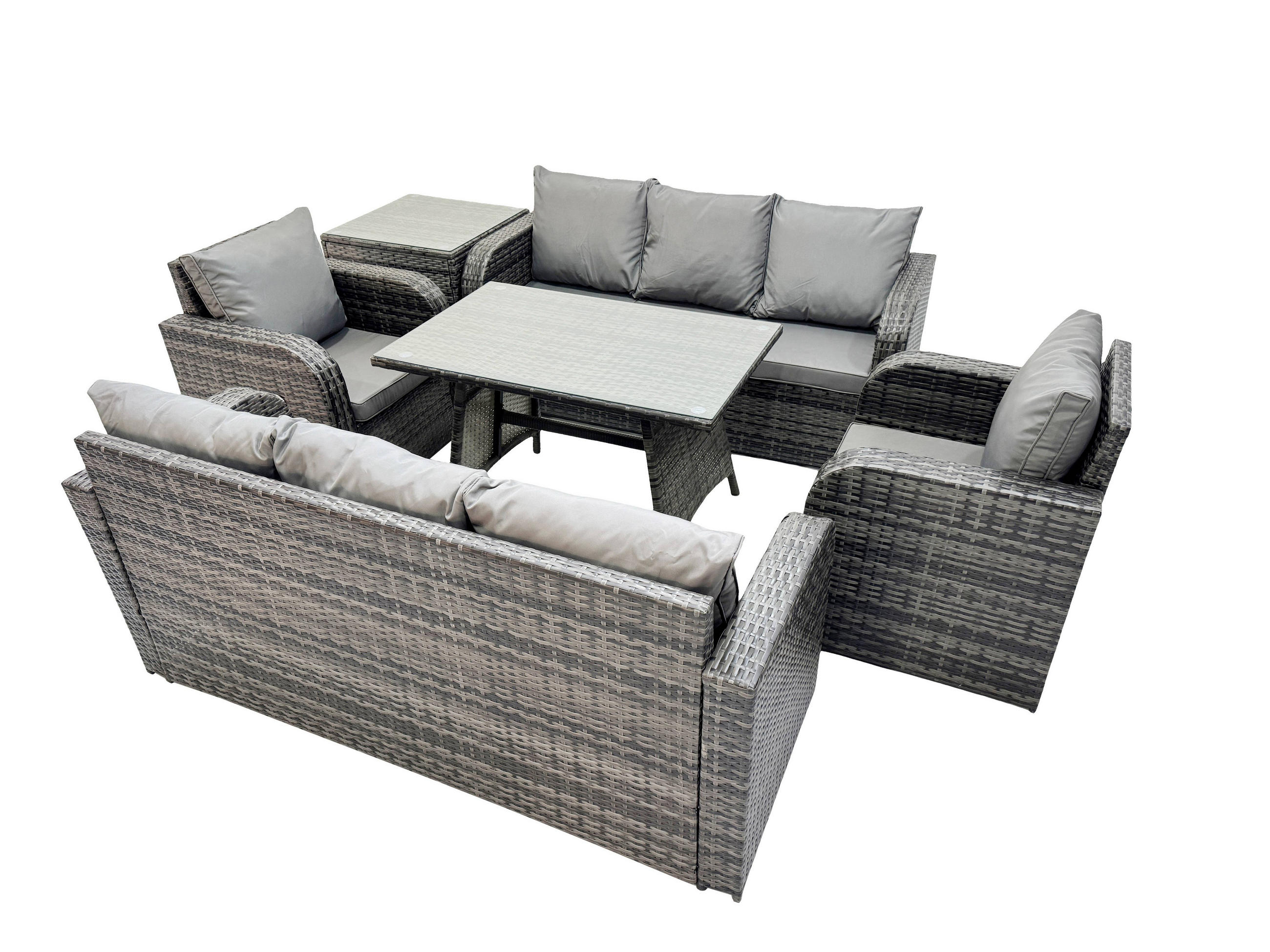 GARTENSET Hohe Rückenlehne Polyrattan 8-Sitzer - Dunkelgrau/Grau, Glas/Kunststoff - Fimous