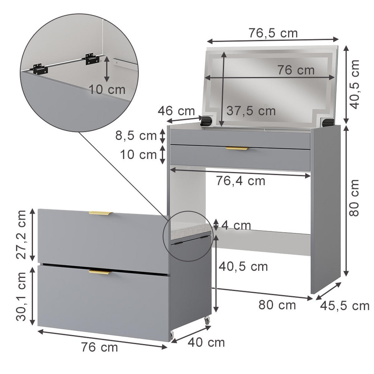 SCHMINKKOMMODE Wanja Grau 80 cm mit Bank und LED Spiegel - Grau, Holzwerkstoff (80/80/46cm) - Vicco