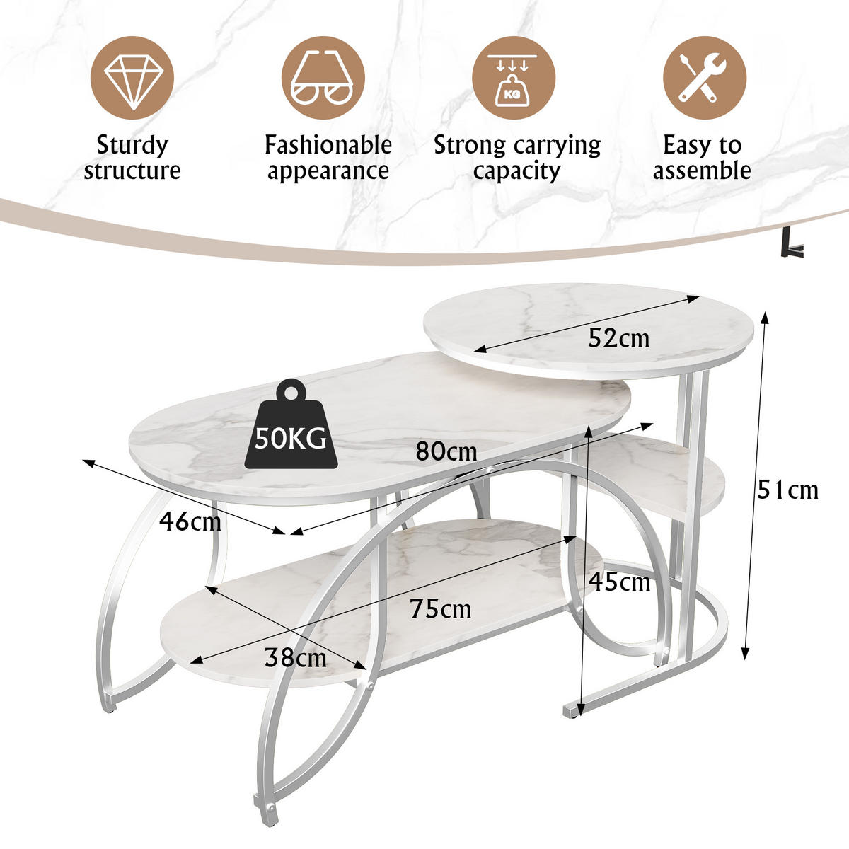 COUCHTISCH 2ER SET, Beistelltisch Marmor Optik, Weiß Schwarz - Silberfarben, Metall (80/46/45cm)
