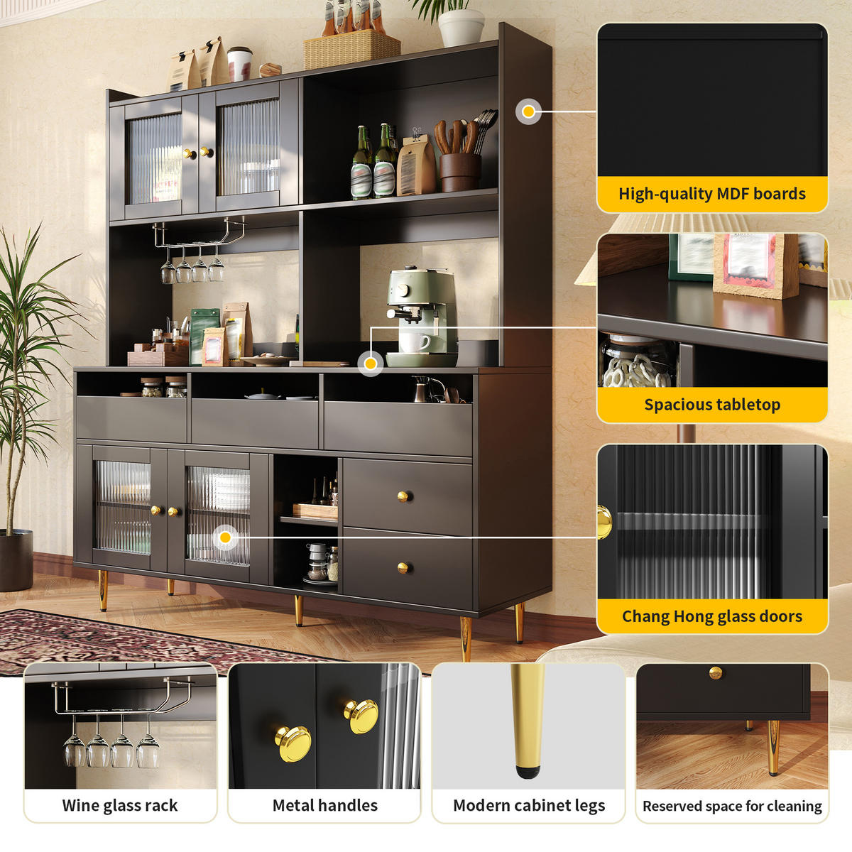 BUFFETSCHRANK Schwarz 145/39/171 cm - Schwarz, Holz (145/171/39cm) - PANGIVO